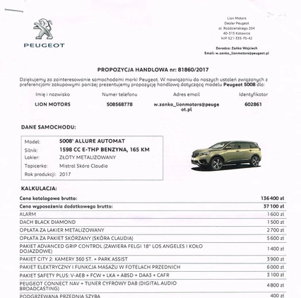 Peugeot 5008 cena 89999 przebieg: 104000, rok produkcji 2017 z Katowice małe 436